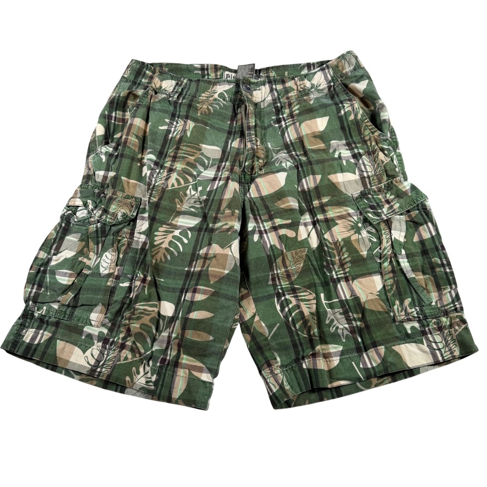 Plugg Cargo Shorts Mens 32 Green Plaid Tropical Leaf Print Cotton Utility
